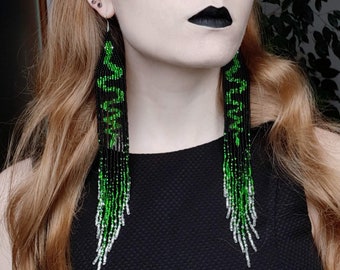beaded earrings, black green with snake earrings, extra long earrings, fringe earrings, boho earrings, seed bead earrings, handmade earrings