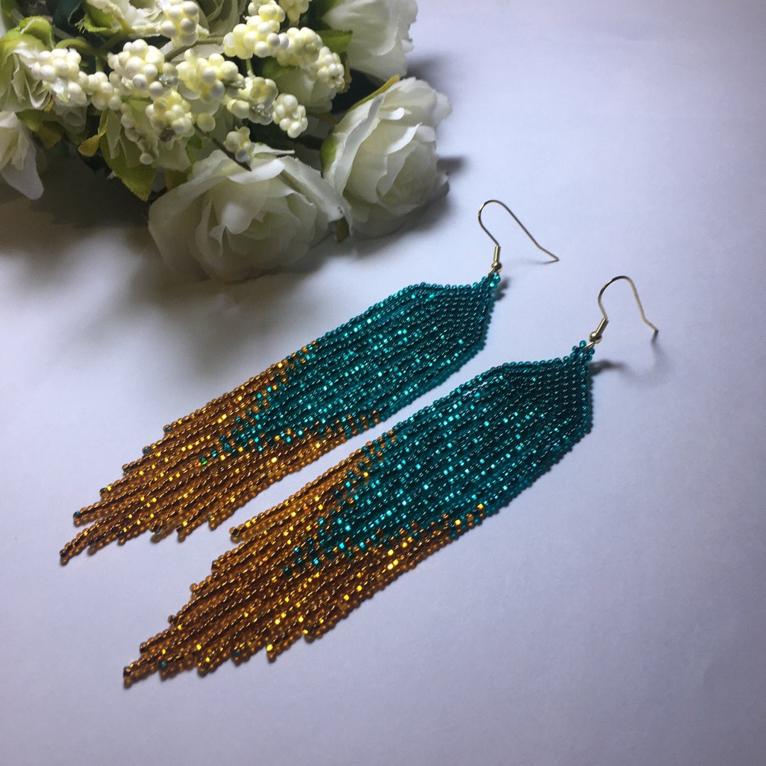 Handmade Beaded Teardrop Earrings, Seed Beads Extra Long Earrings For Women. E 58 SB 26 - Foto 7