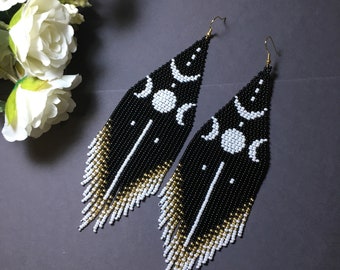 bead earrings, Earrings  Moon,  black gold  very long earrings, extra long earrings, fringe earrings, boho earrings, seed bead earrings