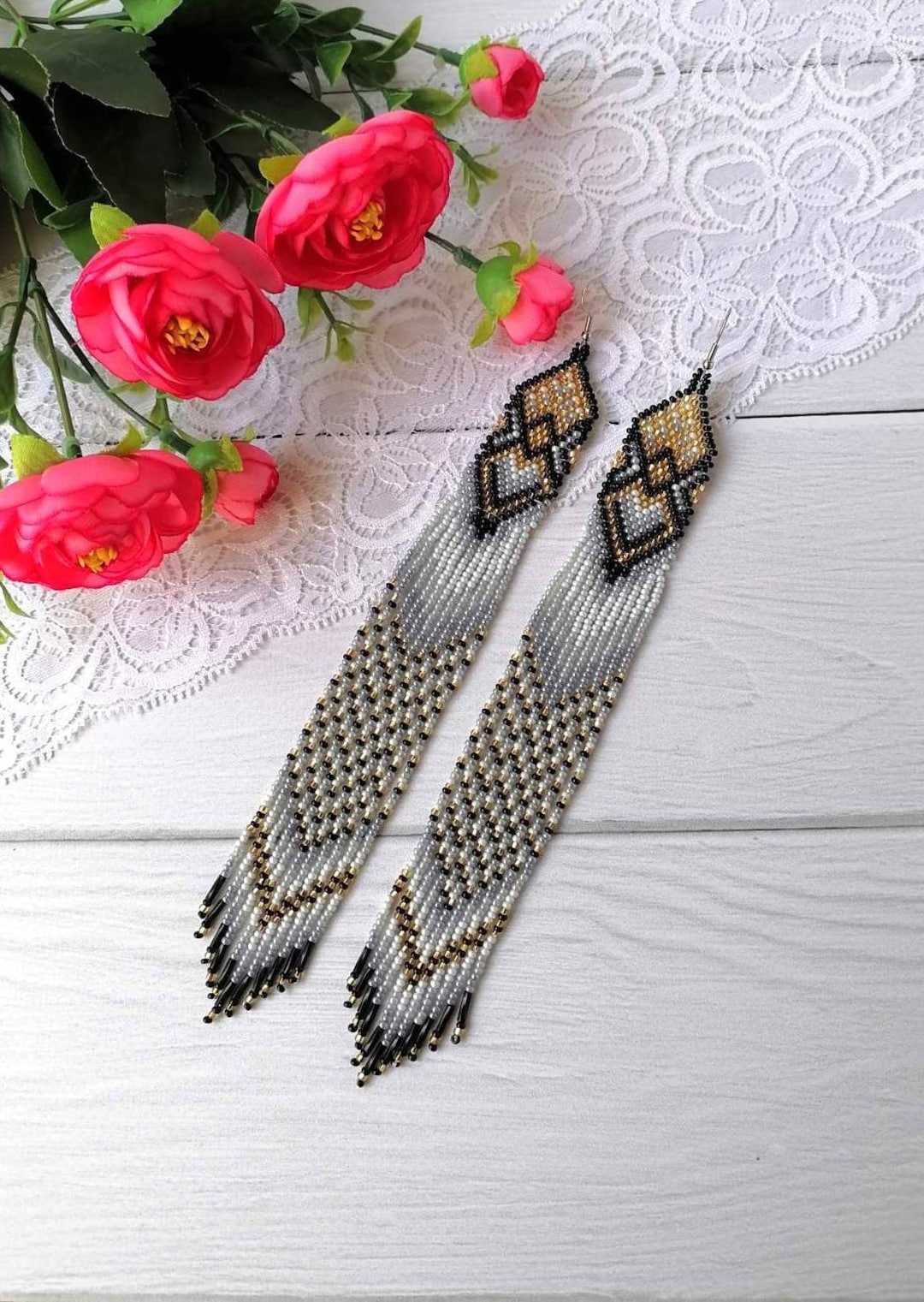 Hand beaded earrings extra long Gala design main image 1