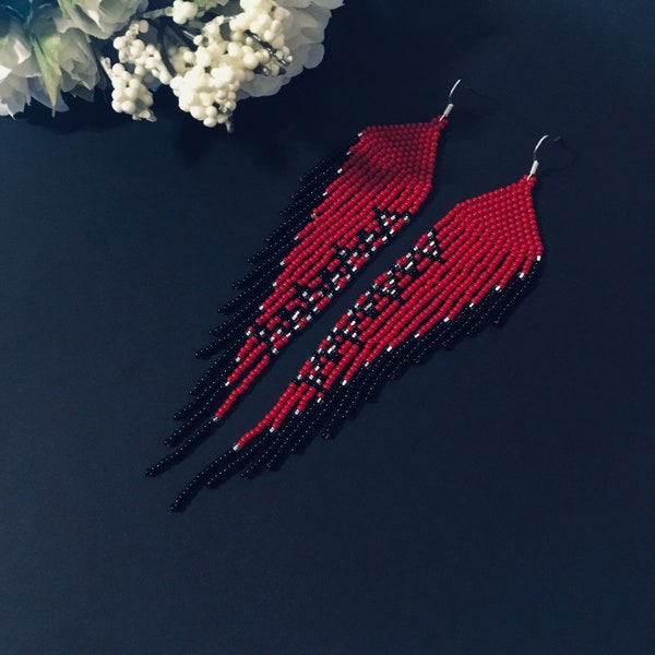 black red long bead earrings fringe earrings native earrings