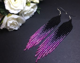 beaded earrings, black, pink, purple long earrings, fringed earrings, boho earrings, beaded earrings, handmade earrings