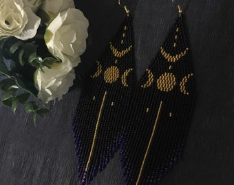 Earrings  Moon in Egypt, bead earrings,black gold earrings,  Earrings black, long earrings, big earrings, boho, handmade, gift not expensive