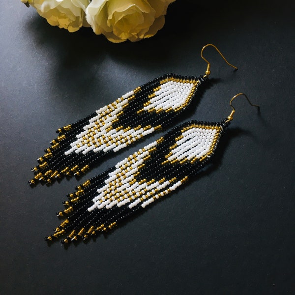 black  gold  long  bead earrings , beaded peacock fringe earrings. white black  gold long  bead earrings, hypoallergenic