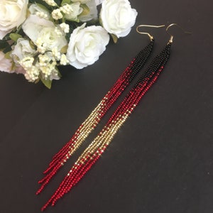 bead earrings, black red gold very long earrings, extra long earrings, fringe earrings, boho earrings, seed bead earrings, handmade earrings