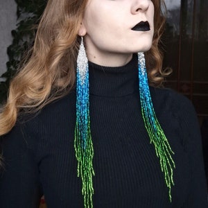beaded earrings, white green long earrings, extra long earrings, fringe earrings, boho earrings, seed bead earrings, handmade earrings
