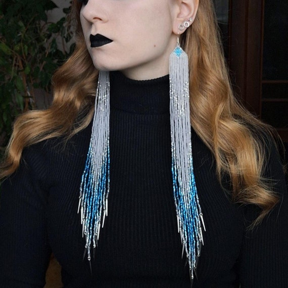 Long, silvery gray reflective, weighted bead fringe dangle  Long, silvery gray reflective, weighted bead fringe dangle pierced earrings main image 2