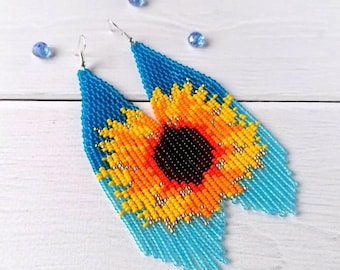 sunflower earrings, blue yellow long fringed earrings,  Floral beaded earrings,  Fringe earrings flower earrings, daisy earrings