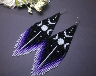 bead earrings, Earrings  Moon,  black purple   very long earrings, extra long earrings, fringe earrings, boho earrings, seed bead earrings