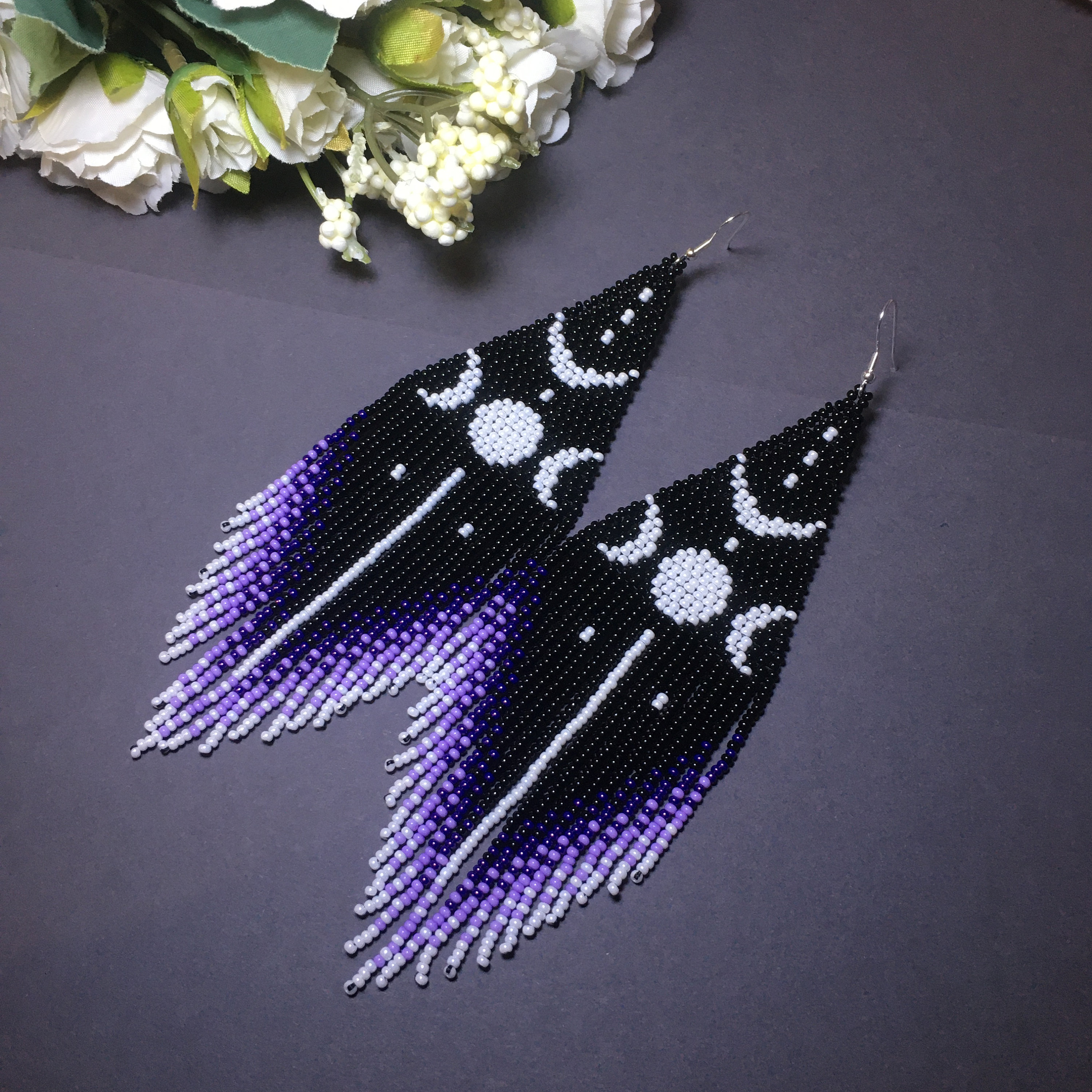bead earrings, Earrings  Moon,  black purple   very long earrings, extra long earrings, fringe earrings, boho earrings, seed bead earrings