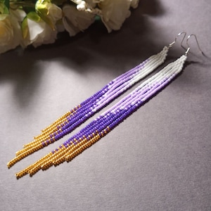 bead earrings, purple gold  earrings, extra long earrings, fringe earrings, boho earrings, seed bead earrings, handmade earrings