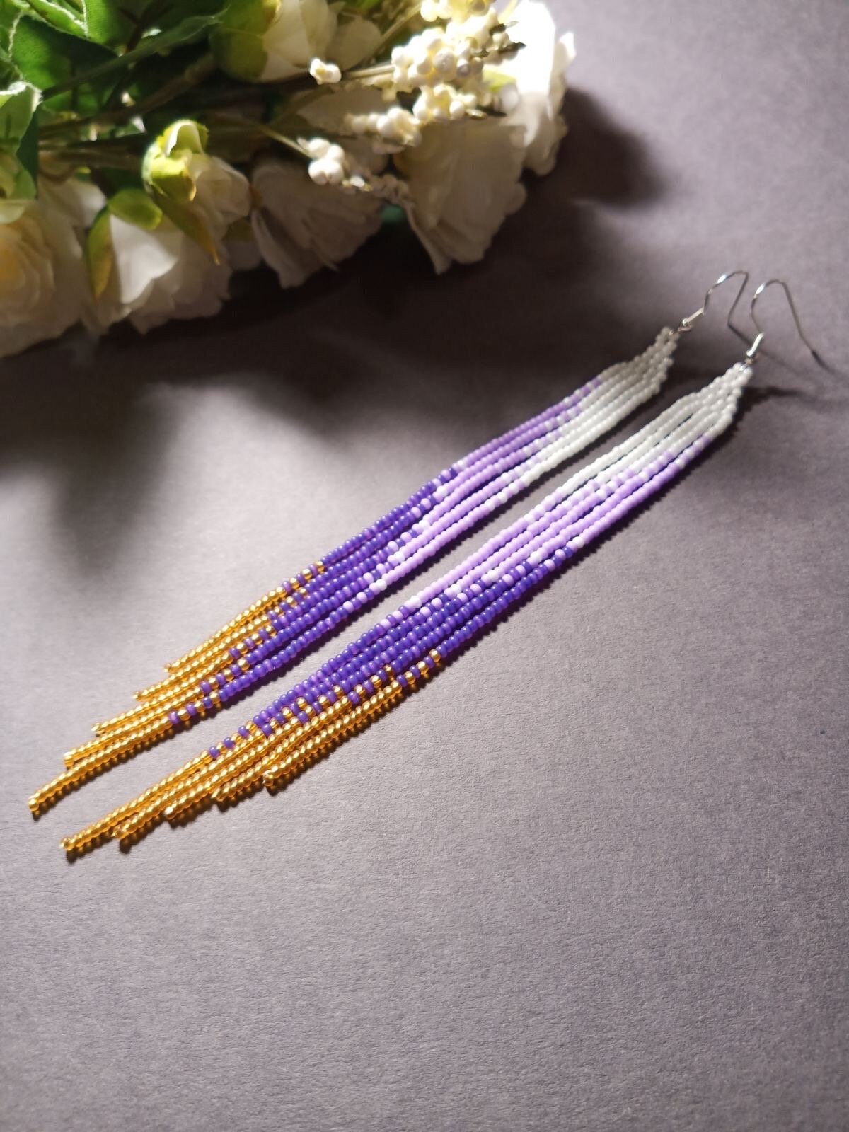 bead earrings, purple gold  earrings, extra long earrings, fringe earrings, boho earrings, seed bead earrings, handmade earrings