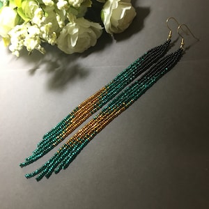 bead earrings, turquoise gold very long earrings, extra long earrings, fringe earrings, boho earrings, seed bead earrings, handmade earrings