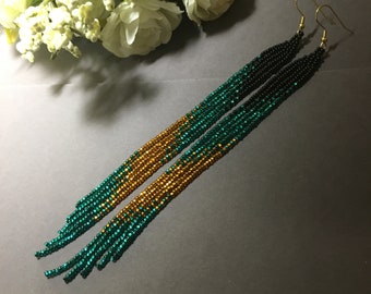 bead earrings, turquoise gold very long earrings, extra long earrings, fringe earrings, boho earrings, seed bead earrings, handmade earrings