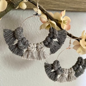 Grey Macrame Hoop Earrings: Boho Chic Earrings