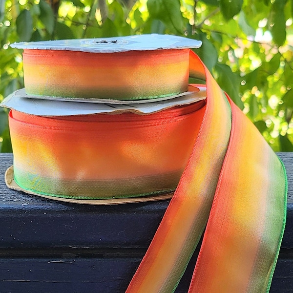 French Wired Ombre Ribbon, Orange Gold Green (Harvest), 1.5" Wide, Sold by YARD or ROLL, Wire Edged Taffeta Ribbon, Fall, Autumn, Wreaths