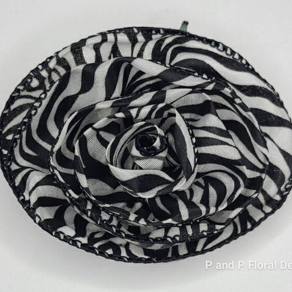 White & Black Zebra Print Rose Pin Brooch/Hair Clip, Handmade Ribbon Rose Brooch, Flower Hair Clip, Artificial Flower Brooch, Animal Print