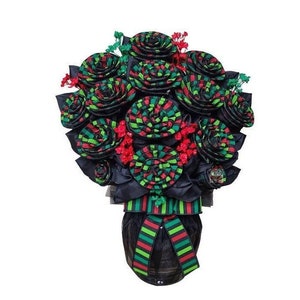 MLK/Black History Month/Juneteenth/Kwanzaa Decor, Handmade Artificial Ribbon Roses, Red Green Black Flower Bouquet, Arrangement, Centerpiece