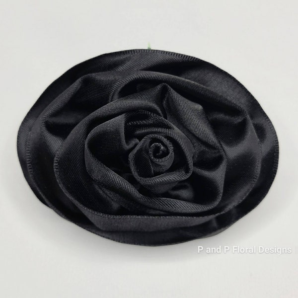 Black Satin Rose Pin Brooch/Hair Clip, Handmade Ribbon Rose Flower Brooch, Mourning Rose Brooch, Flower Hair Clip, Brooch Corsage, Jewelry