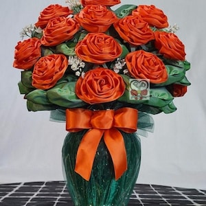 Handmade Orange Satin Rose Bouquet Vase, Fall Floral Centerpiece