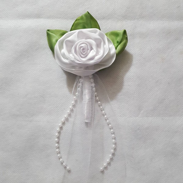 Mothers Day Pin Brooch, Handmade White Satin Ribbon Rose, Floral Flower Brooch, Floral Flower Rose Pin, Lapel Pin, Artificial Rose Corsage