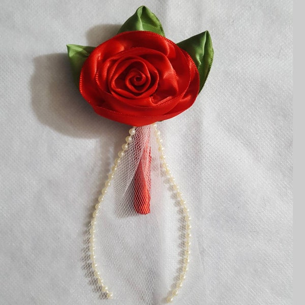 Mothers Day Pin Brooch, Handmade Red Satin Ribbon Rose, Floral Flower Brooch, Floral Flower Rose Pin, Lapel Pin, Artificial Rose Corsage