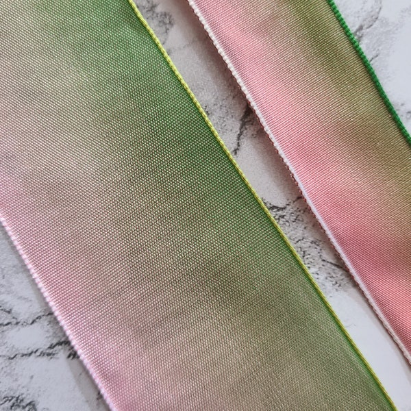 French Wired Ombre Ribbon, Lime Green to Salmon (Camelia), 7/8" and 1.5" Wide, By YARD or ROLL, Wire Edged Taffeta Ribbon for Spring Flowers