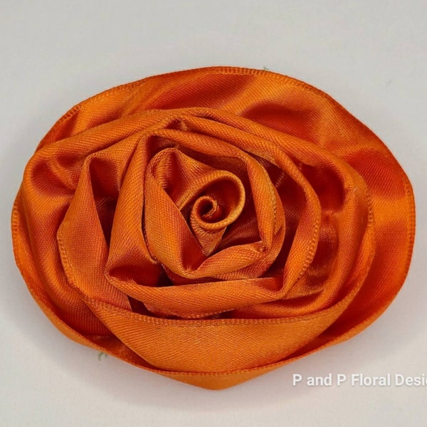 Orange Satin Rose Pin Brooch/Hair Clip, Handmade Ribbon Rose Brooch, Flower Hair Clip, Flower Brooch, Artificial Brooch Corsage, Jewelry USA