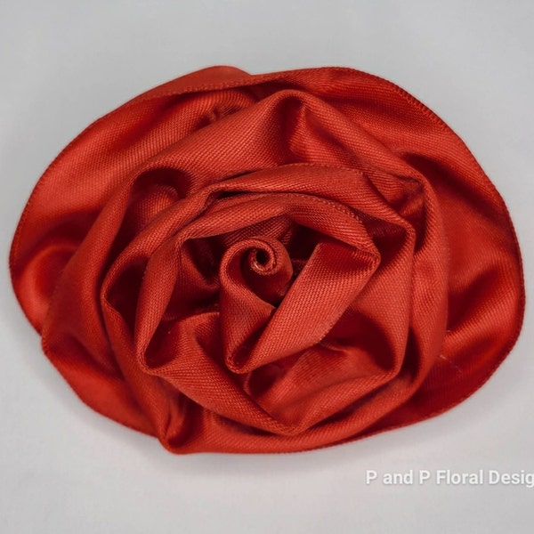 Red Satin Rose Pin Brooch/Hair Clip, Handmade Ribbon Rose Brooch, Flower Hair Clip, Flower Brooch, Artificial Brooch Corsage, Jewelry, USA