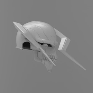 May include: A gray, stylized helmet with a skull-like face and lightning bolt accents. The helmet has a textured surface and a detailed design, suggesting a fantasy or cosplay theme. The lightning bolts extend from the sides and top.