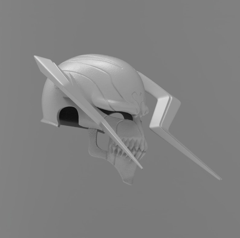May include: A gray, stylized helmet with a skull-like face and lightning bolt accents. The helmet has a textured surface and a detailed design, suggesting a fantasy or cosplay theme. The lightning bolts extend from the sides and top.