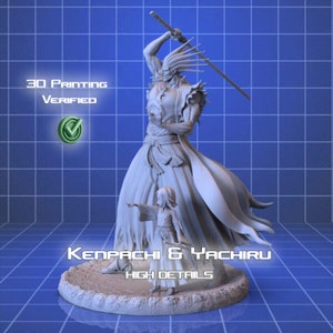 May include: A 3D-printed figurine of Kenpachi and Yachiru, with high details. The larger figure holds a sword aloft. The text "3D Printing Verified" and "Kenpachi & Yachiru" are visible. The base is a light brown color.