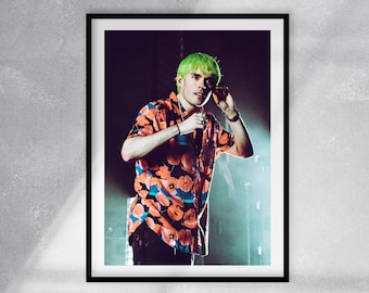Puede incluir: Impresión enmarcada que presenta a una persona con cabello verde que lleva una camisa de manga corta con un estampado floral en naranja, azul y blanco. La persona sostiene un micrófono y parece estar en el escenario. La impresión está en un marco negro, con una firma en la esquina inferior.