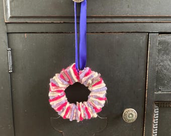 Mini repurposed upcycled wool round wreath-pinks purples and cream squares- home decor