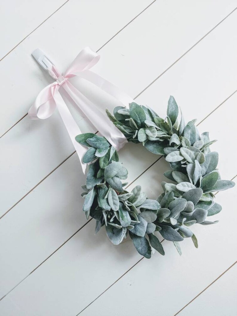 Lambs Ear Wreath With Satin Pink Bow Nursery Decor Baby Etsy