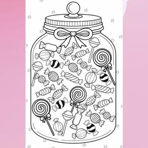 May include: Black and white illustration of a jar filled with candies. The jar has a lid and is decorated with a bow. Text at the top reads "Birthday Savings Challenge". The image is designed for coloring.