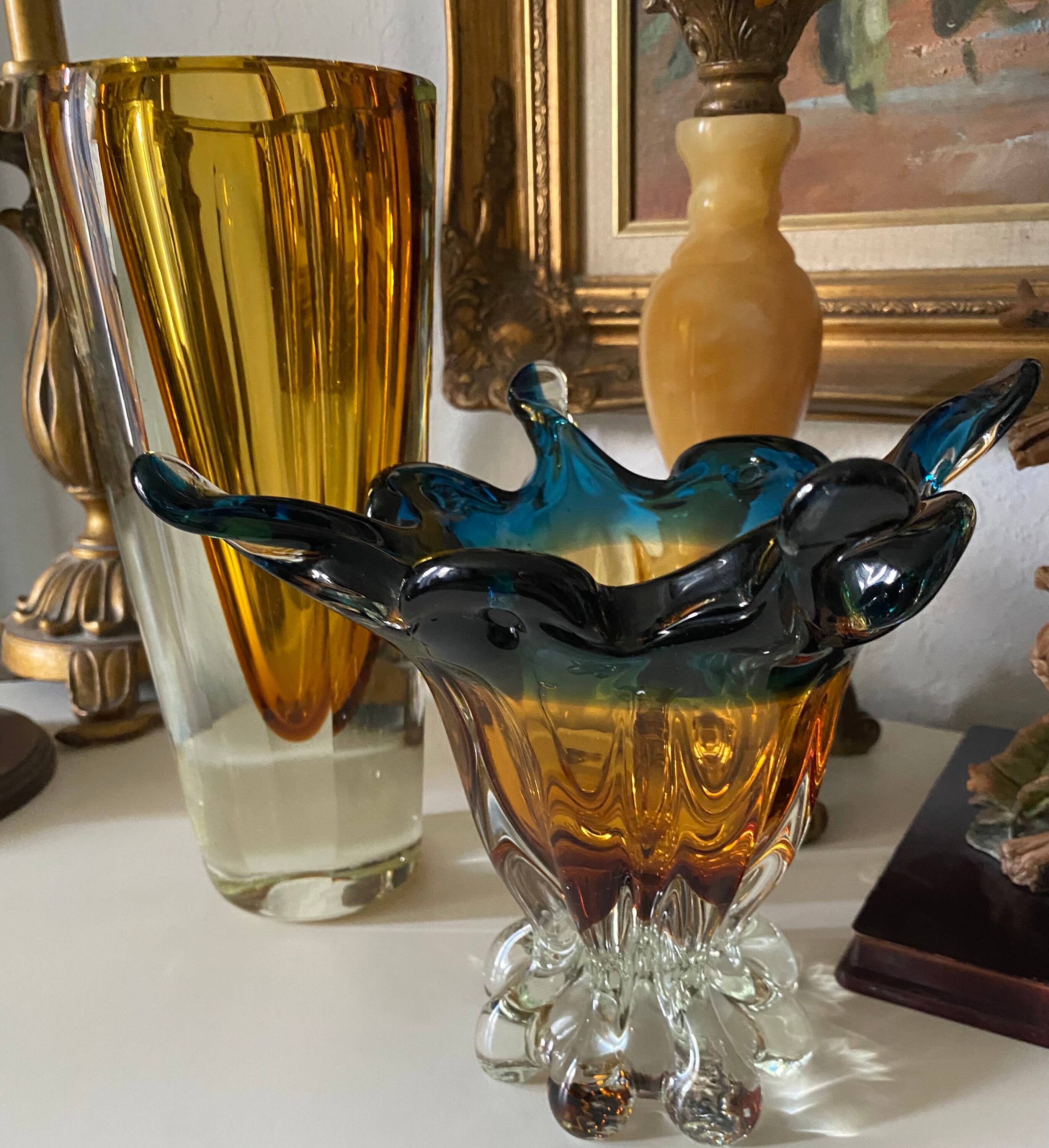 Murano Beautiful Vase in Amber & Blue clear at bottom. Etsy