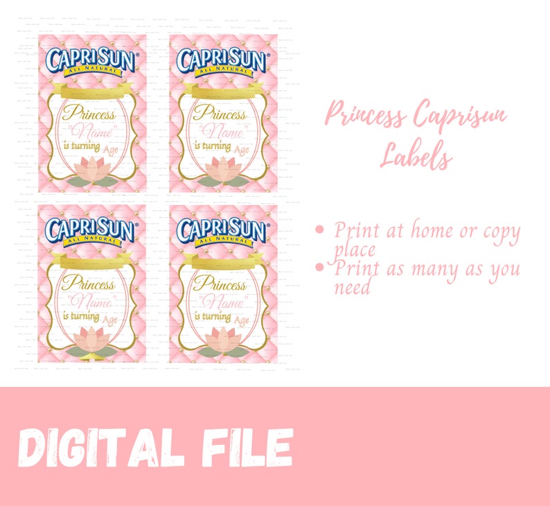 Princess Custom Caprisun Label Princess Birthday Caprisun Labels Pink and Gold Princess Party Decorations Princess Caprisun