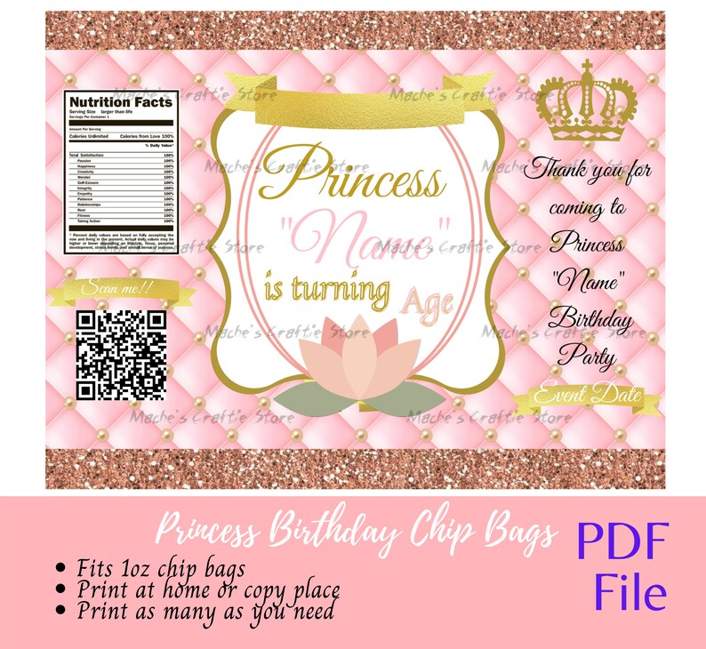 Editable Happy Birthday Princess Custom Chip Bags Princess Birthday Party Chip Bag Pink and Gold Princess Party Decorations
