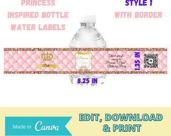Princess Water Bottle Label Birthday Party Labels Pink Gold - Etsy