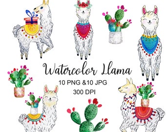 Puede incluir: Ilustraciones de acuarela de llamas con decoraciones coloridas y plantas de cactus. El texto "Watercolor Llama" está escrito en una fuente decorativa con las palabras "10 PNG & 10 JPG 300 DPI" debajo.