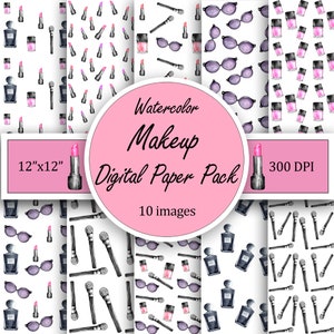 Puede incluir: Un conjunto de 10 patrones de papel digital con ilustraciones de acuarela de artículos de maquillaje, incluyendo lápiz labial, botellas de perfume, pinceles de sombra de ojos y gafas de sol. Los patrones son de 30,48 cm por 30,48 cm y 300 DPI. Pack de papel digital de maquillaje de acuarela - 10 imágenes