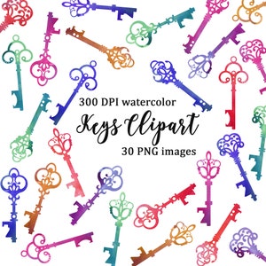 Watercolor keys clipart, vintage keys clipart, colorful keys clipart, magic keys clipart, key clipart