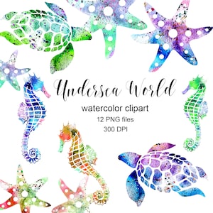 Undersea world clipart/ under the sea clipart/ watercolor seahorse clipart/ watercolor turtle clipart, starfish watercolor clipart