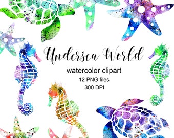 Undersea world clipart/ under the sea clipart/ watercolor seahorse clipart/ watercolor turtle clipart, starfish watercolor clipart