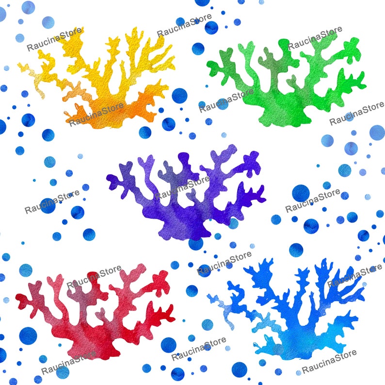 May include: Watercolour illustration of four coral reefs in different colours: yellow, green, purple, and blue. The coral reefs are surrounded by blue watercolour dots.