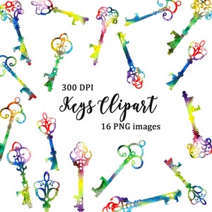 Watercolor keys clipart, vintage keys clipart, colorful keys clipart, magic keys clipart, instant download, key sublimation, 1 dollar deal