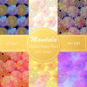 May include: A digital paper pack with six different designs featuring intricate mandala patterns in various colors, including purple, pink, yellow, and red. The designs are set against a gold background with the text "Mandala Digital Paper Pack 6 JPG Designs" and "12" x 12" 300 DPI".