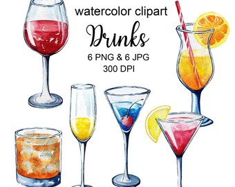 Watercolor drinks clipart, coctail clipart, alcohol clipart, wine, champagne, coctail, sublimation png