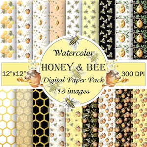 Könnte beinhalten: Ein digitales Papierpaket mit 18 Bildern mit Aquarell-Illustrationen von Honiggläsern, Bienen und Wabenmustern. Die Bilder sind 30,48 cm x 30,48 cm groß und haben eine Auflösung von 300 DPI.